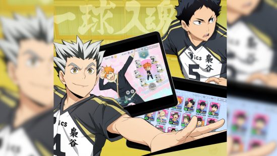 Volleyball games: Bokuto and Akaashi from Haikyuu posing with iPads showing off screenshots from the Haikyuu mobile game