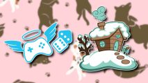 Whitethorn Games Extra Life: The Extra Life blue winged controller logo and dice next to the Whitethorn Games log cabin logo, both outlined in white, drop shadowed, and pasted on a blurred Calico-inspired background with brown and white cats and paw prints on a pink background