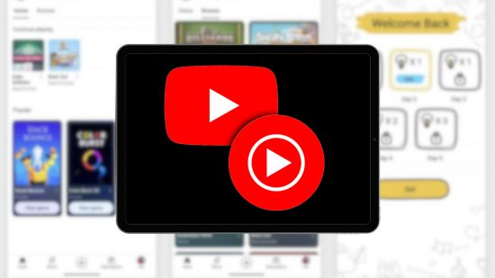 YouTube Playables: An iPad with the YouTube and YouTube Music logos on it, overlaid on a blurred graphic of the games available