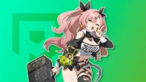 Zenless Zone Zero banner - Nicole holding a briefcase with her hand up showing a peace sign in front of a green Pocket Tactics background