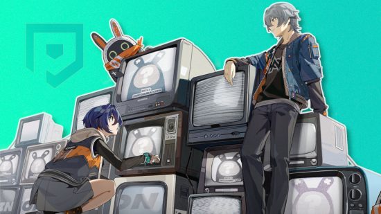 Zenless Zone Zero update - Belle and Wise standing with a bunch of CRT TV's as a bunny with a bandana watches