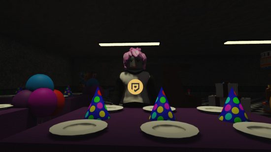 5 Noches Con Alfredo codes - a Roblox character stood in a dark room in front of a table laid with party hats