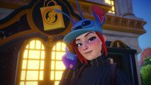 Disney Dreamlight Valley cost - a character wearing a Stitch hat pointing at a storefront