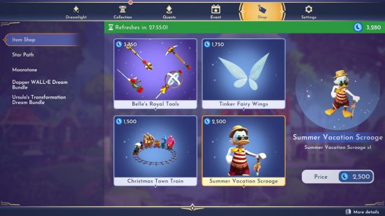 Disney Dreamlight Valley cost: the moonstone item shop in Dreamlight Valley showing the cost of one outfit