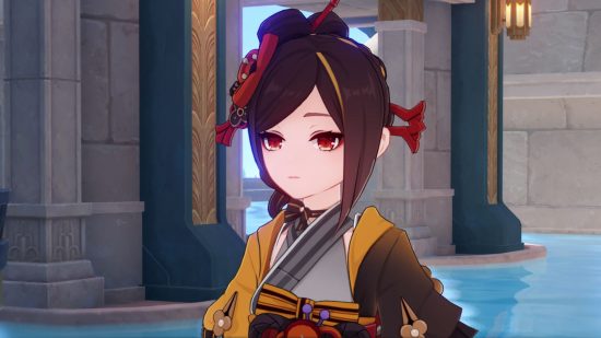 Genshin Impact Chiori's in-game appearance, showing her yellow outfit and brown hair