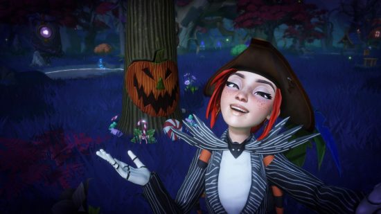 A character dressed as Jack Skellington in Disney Dreamlight Valley, standing in front of a tree with a pumpkin on it