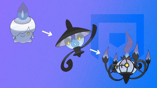 Lampent evolution guide: the three stages of Lampent's evolution on a purple background