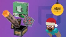 Minecraft giveaway: Minecraft merchandise on a purple Pocket Tactics background
