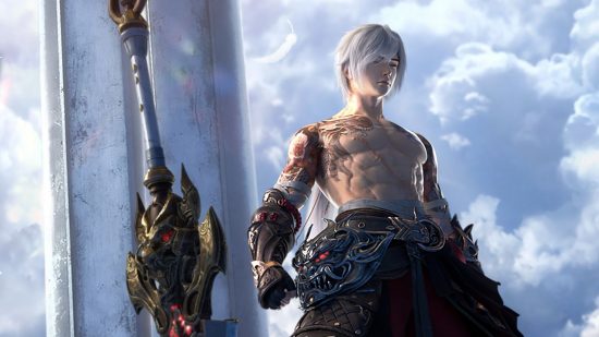 Revolution M release: a very muscled shirtless man standing next to a giant sword, against a cloudy sky