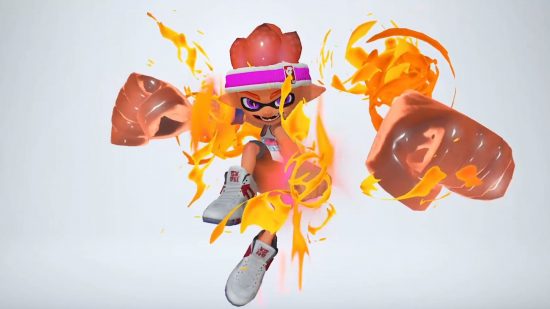 Splatoon 3 Chill Season update: an orange inkling jumping in the air surrounded by massive fists