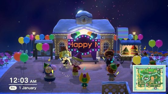 Animal Crossing Christmas joy: A screenshot from January 1, 2021 in ACNH featuring Daz's player character celebrating with a town full of villagers including Tangy and Isabelle