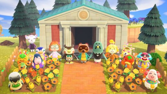 Animal Crossing Christmas joy: A range of villagers, Blathers, Tom Nook, Brewster, Isabelle, and Daz's player character, standing outside the museum and smiling as the coffee shop just opened. The museum path is flanked by flower beds of orange and yellow blooms