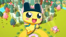 Apple Arcade January 2024: Mametchi smiling widely and skipping off towards the right, wearing a blue backpack. He's just a little guy, so pure and full of joy., He's outlined in white and pasted on a blurred screenshot of the Tama King's castle.