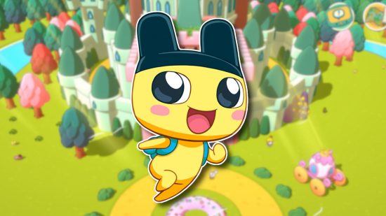Apple Arcade January 2024: Mametchi smiling widely and skipping off towards the right, wearing a blue backpack. He's just a little guy, so pure and full of joy., He's outlined in white and pasted on a blurred screenshot of the Tama King's castle.