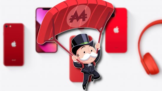 Apple Red: The Monopoly Man from Monopoly Go floating down on a red bank note-shaped parachute, outlined in white and drop shadowed on a blurred image of the 2023 RED product lineup