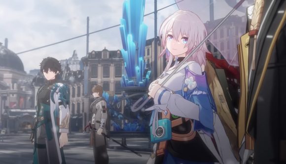 Best anime games: Honkai Star Rail. Image shows characters standing around in a grey looking city.