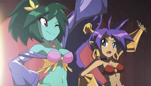 Best anime games: Shantae and the Seven Sirens. Image shows Shantae and a Siren dancing.