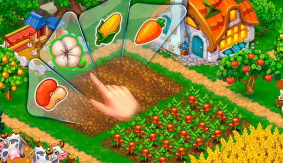 A screenshot of one of the best farm games, Harvest Land, showing a hand choosing a crop to plant