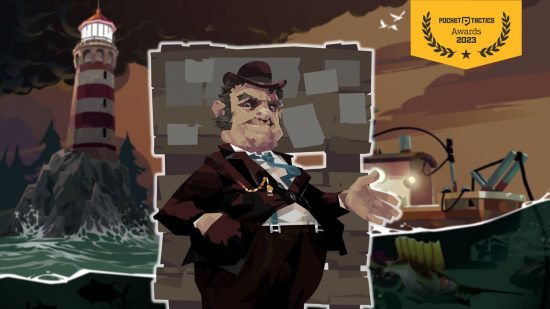 best indies of 2023 - The mayor featured in Dredge against artwork showing a lighthouse and stormy sky