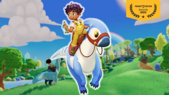 best indies of 2023 - A character in Paleo Pines riding a blue dinosaur