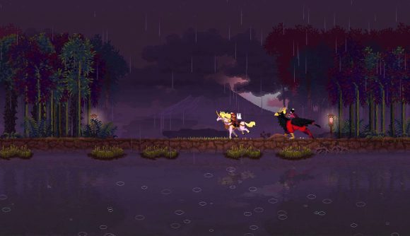 Best iOS games: Kingdom Two Crowns. Image shows horses galloping in the night.