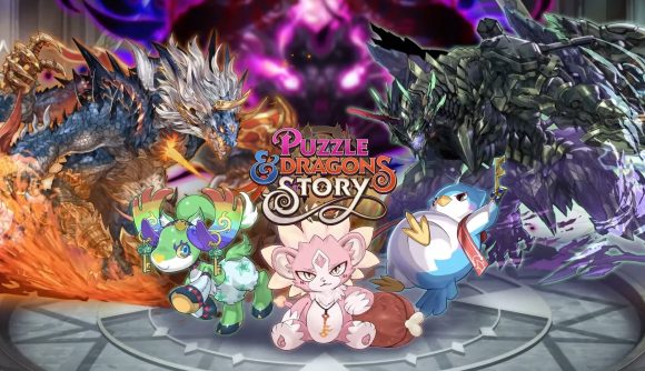 Best iOS games: Puzzle & Dragon Story. Image shows the game's logo and a selection of creatures in the game.