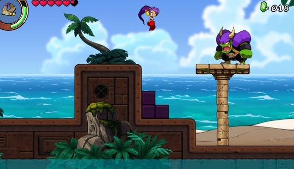 Best iOS games: Shantae and the Seven Sirens. Image shows Shantae in action in a level by the ocean.