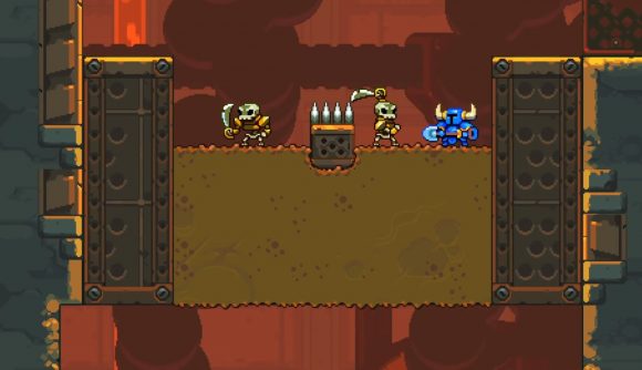 Best iOS games: Shovel Knight Dig. A screenshot shows Shovel Knight facing two skeletons in a cave.