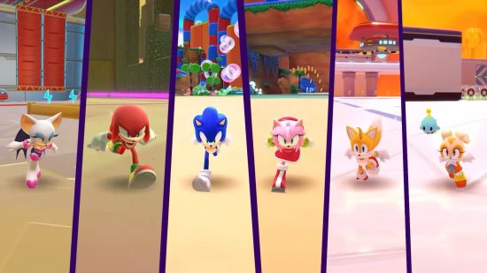 Best iOS games: Sonic Dream Team. Image shows all the games playable characters, Sonic, Tails, Knuckles, Rouge, Amy, and Cream, running along.