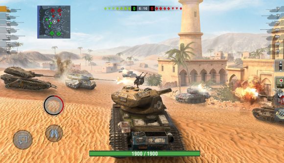 A screenshot of one of the best ios games, World of Tanks Blitz, showing a bunch of tanks rolling into battle in the desert 