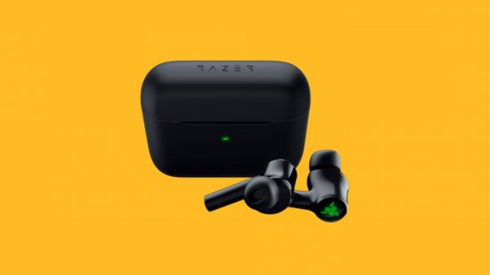 best iphone earbuds - Razer Hammerhead Hyperspeed Pro in black on a bright yellow background