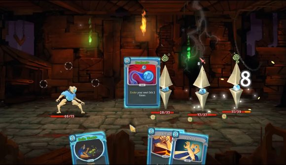 Best mobile games: Slay the Spire. Image shows a battle taking place.