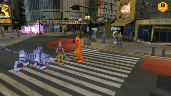 Screenshot of the player character in Digimon Story Cyber Sleuth standing on a crosswalk with some Digimon friends
