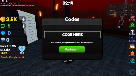 Block Mayhem codes redemption screen