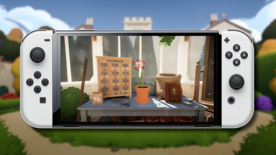 Botany Manor release date: A Switch OLED model with a Botany Manor screenshot on the screen, pasted on blurred Botany Manor key art