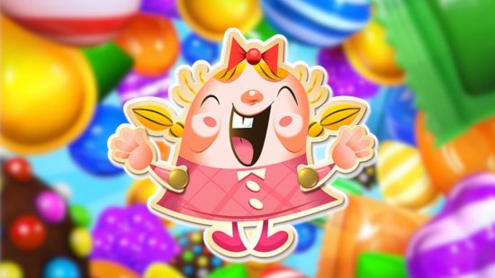 Custom image for how Candy Crush became a cultural phenomenon article with Tiffi over a background of in-game candies