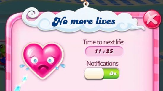 Screenshot of the no more lives notification in Candy Crush