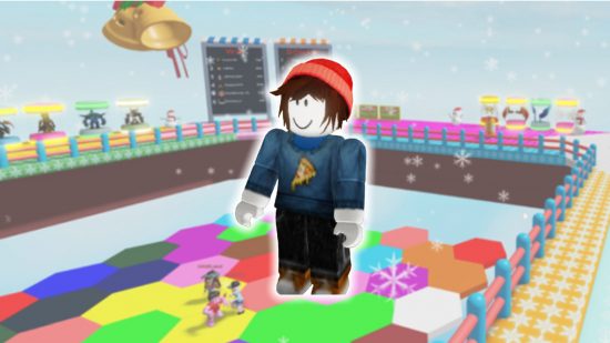 Roblox Color Block visits: An avatar in a pizza jumper in front of a colorful arena
