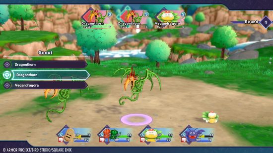 Dragon Quest Monsters: The Dark Prince interview - a screenshot of gameplay showing a battle with two Dragonthorns and a Vegandragora