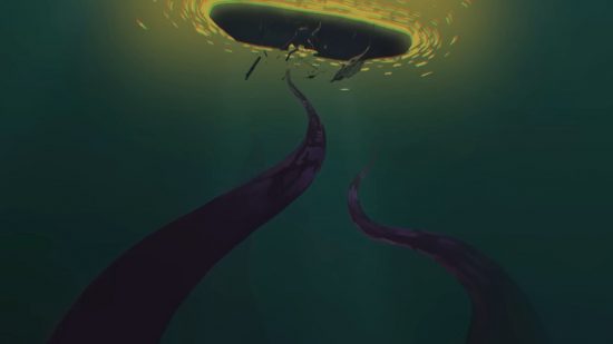 Screenshot of a kraken reaching out from the deep in Dredge