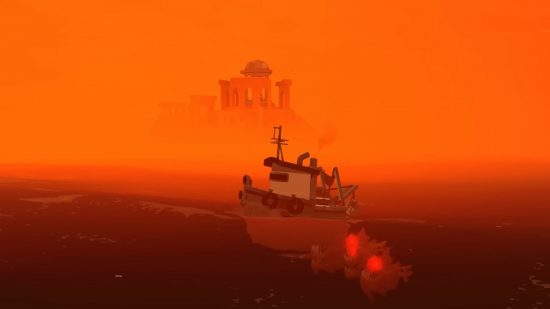 Screenshot of the sky with a deep orange hue from Dredge