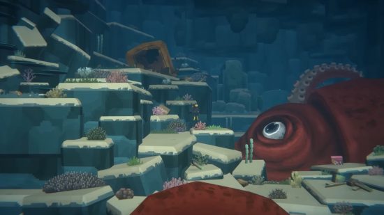 Screenshot of Dave facing off against a giant squid in Dave the Diver