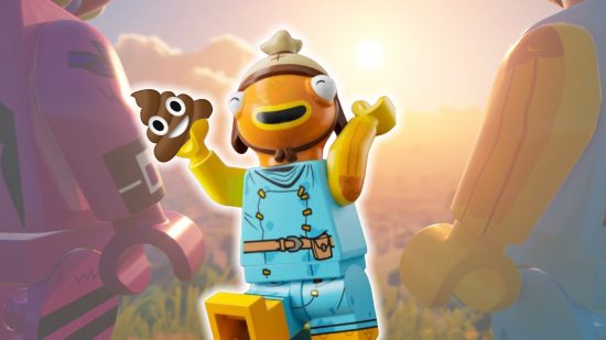 Fertilizer Lego Fortnite: A fish holding some poop and smiling in front of a sunset