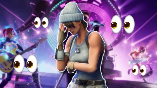 Fortnite Festival no sex: A Fortnite character facepalming, outlined in white and pasted on a blurred FNF image. They are surrounded by eyes emojis