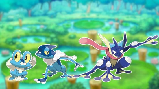 Custom image of Froakie, Frogadier, and Greninja on a pond background for frog Pokemon guide