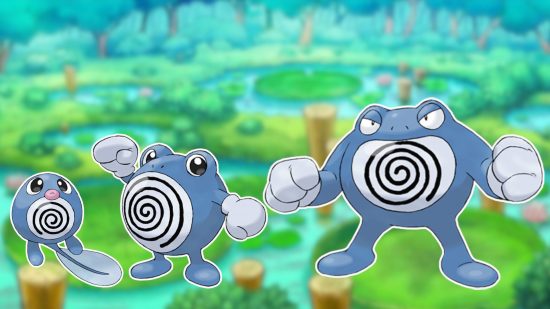 Custom image of Poliwag, Politwhirl, and Poliwrath on a pond background