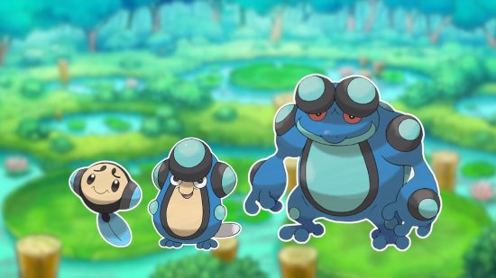 Custom image of Tympole, Palpitoad, and Seismitoad on a pond background for frog Pokemon guide