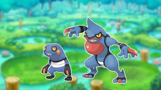 Custom image of Croagunk and Toxicroak on a pond background for frog Pokemon guide