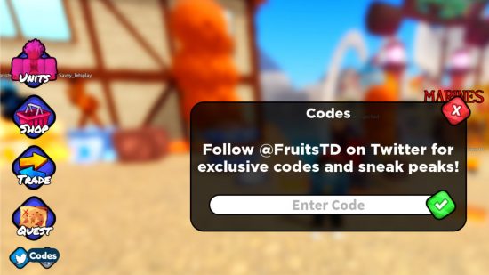 Fruit Tower Defense codes redemption screen