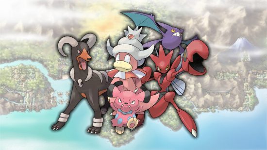 Gen 2 Pokemon: Houndoom, Snubbull, Slowking, Crobat, and Scizor in front of a map of Johto